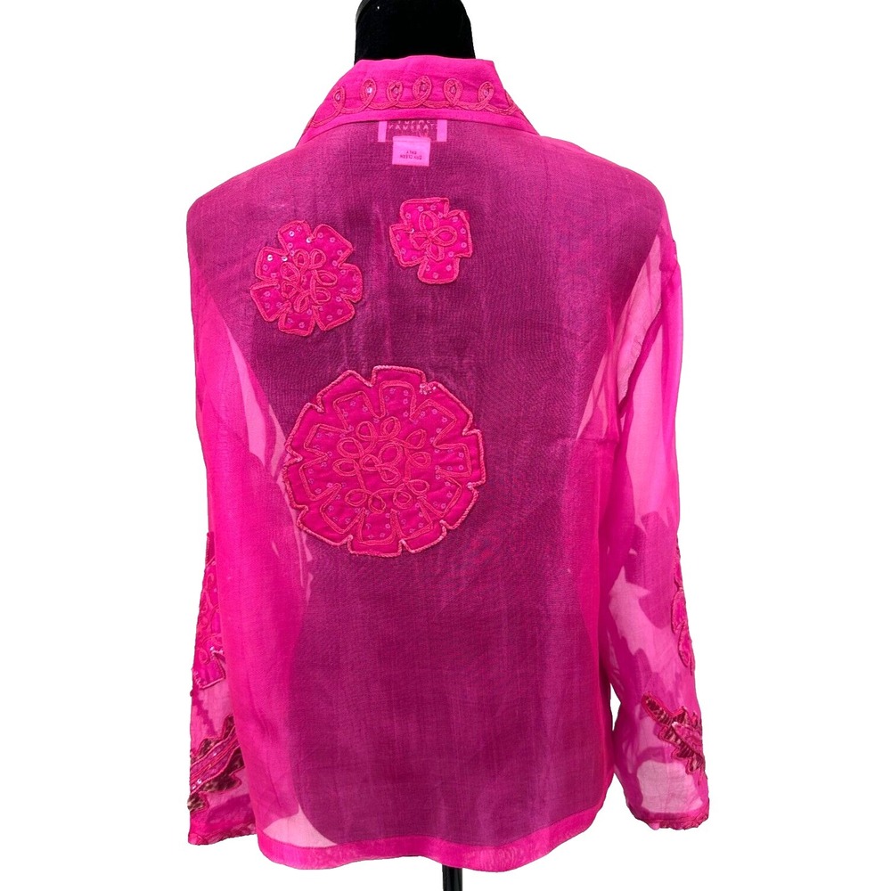 Sandy Starkman Womens Button Up Sheer Blouse Large Pink Embroidered Applique - Picture 12 of 16